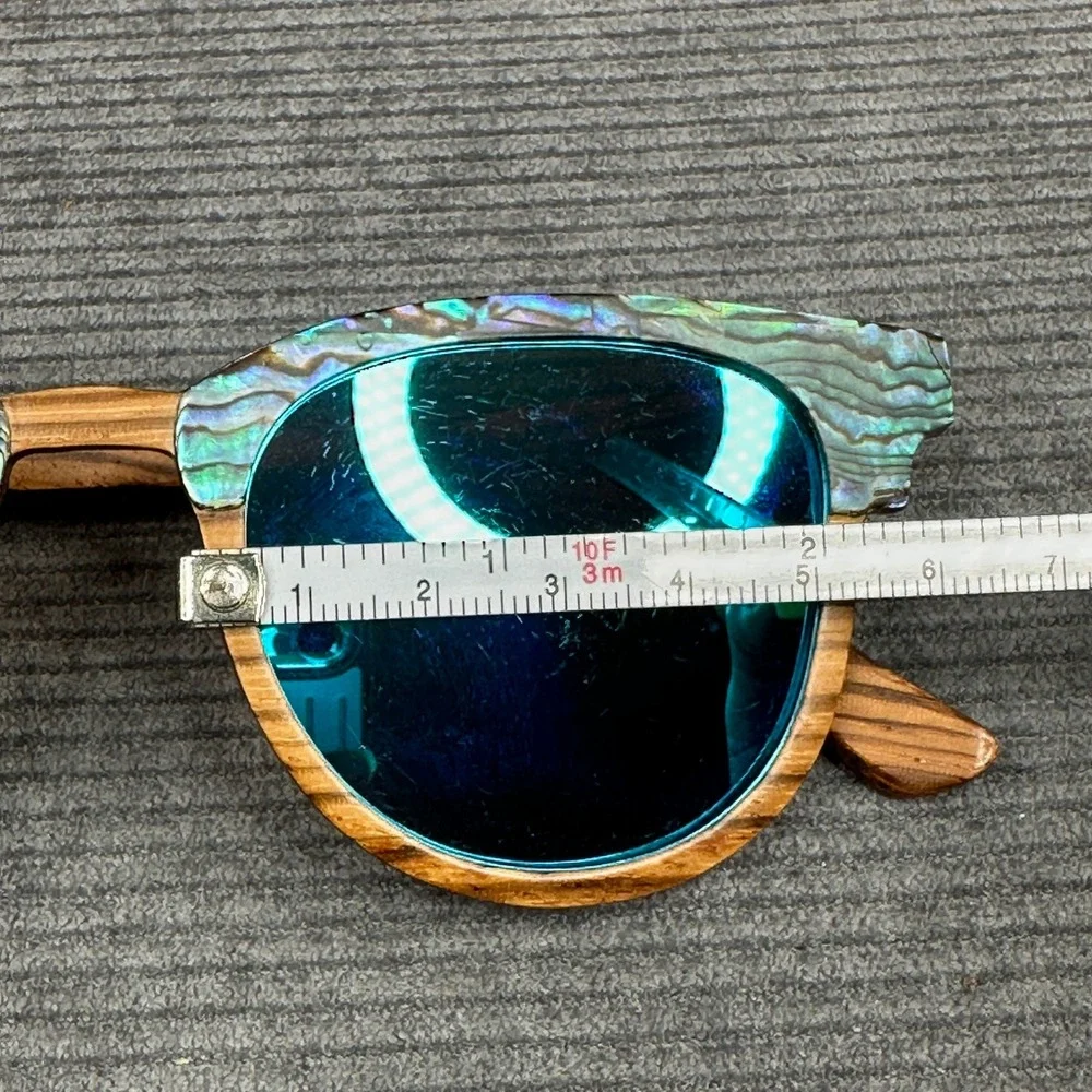 Soul California Wood Abalone Shell Sunglasses Blue Mirrored Lens Boho Wayfarer